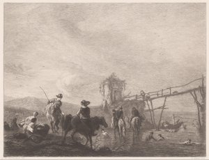 岸边休息和游泳的人物
Die pferdetränke（标题见实物） 作者 古斯塔夫·玛丽·格鲁克斯（Gustave Marie Greux）