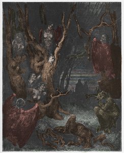 Inferno，Canto 13：自杀森林中的Harpies，来自Dante Alighieri的The Divine Comedy的插图，1885年（数字彩色雕刻）