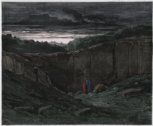 Inferno，Canto 3：Virgil和Dante在地狱之门，插图来自Dante Alighieri的神曲，1885年（数字彩色雕刻） 作者 古斯塔夫之后多尔