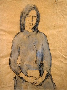 女孩，双手放在膝盖上（纸上铅笔和水彩）。 作者 格温·约翰