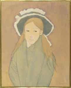 大帽子和稻草色头发的女孩，1910年代（wc，水粉和石墨在纸上）