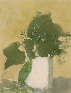 白色壶中的绿叶（纸上水彩、水粉和铅笔） 作者 格温·约翰