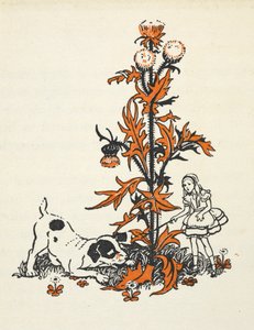 巨大蓟草旁的缩水爱丽丝和小狗。 作者 格温妮德·哈德森（Gwynedd M.Hudson）