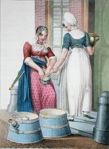 一个阿姆斯特丹的仆人和一个当地的挤奶女工，插图来自于 "Collections des Costumes des Provinces Septentrionales du Royaume des Pays Bas..."，由Villeneuve刻制。 作者 H.（之后）格里文
