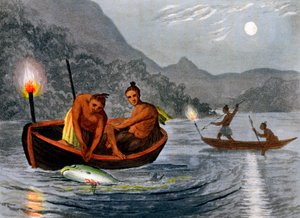 北美土著人在火炬灯下捕鱼，1813年
