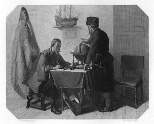 威廉·巴伦特（Willem Barents）和雅各布·范·海姆斯克（Jacob van Heemskerk）绘制路线图，摄于1596年1870年