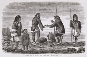 来自&39;Alaska及其资源&39;的Tuski和Mahlemuts Trading for Oil，由William H. Dall撰写，由John Andrew，酒吧雕刻。 1870