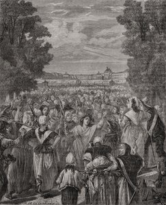 妇女在1789年10月5日至6日在凡尔赛宫进行游行，由Pannemaker-Ligny雕刻，来自Louis Blanc的“Histoire de la Revolution Francaise”（1811-82） 作者 夏勒（H. de la Charlerie）