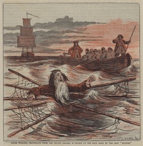 彼得-威尔金斯从飞岛出发，在合恩角附近被 "赫克托 "号船接走（彩色平印）。 作者 继 Hablot Knight Browne 之后