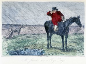 雨天的猎马场景。英国关于猎狐的漫画，出自《托马斯-斯科特或豪布克-格兰奇的冒险》，由H.K. Browne和W.T. Maud插图。 作者 Hablot骑士布朗