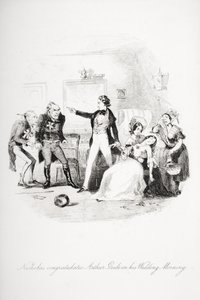 尼古拉斯在他的婚礼早晨祝贺亚瑟·格里德，1839年查尔斯·狄更斯（1812-70）的“尼古拉斯·尼克莱比”插图（另见259152） 作者 Hablot骑士布朗