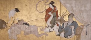 七福神》（纸本水墨、彩色和金箔，六折屏风） 作者 花房伊藤