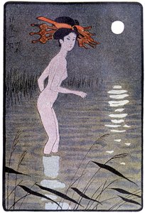 Young Japanese bathing in a pond in the moonlight - in “” Japanese doll”” by Félicien Champsaur, ill. Hanafusa Itcho, Paris