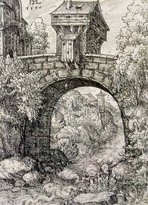 Countryside with bridge gate and water, c.1550 (etching)