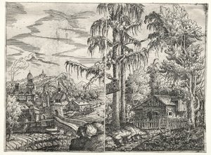 景观与河流上的小镇和树间小屋，1551年。