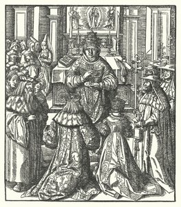 The Holy Roman Emperor Frederick III and the Empress Eleanor receiving Holy Communion from the Pope (engraving) 作者 汉斯（后）布格克迈尔