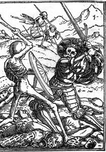 小汉斯-霍尔拜因（1497-1543）的模拟死亡：士兵。一个士兵与死神搏斗；在他们脚下躺着其他战士的尸体。雕刻。