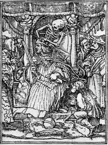 年轻的汉斯-霍尔拜因（1497-1543）的死亡模拟画：皇帝。当死神夺走皇帝的王冠时，一个农民向他乞求正义。雕刻。