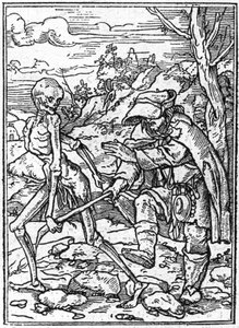 小汉斯-霍尔拜因（1497-1543）的死亡模拟画：盲人。死亡抓住了盲人的棍子，充当了向导。雕刻。