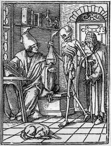 小汉斯-霍尔拜因（1497-1543）的死亡模拟画：医生。死亡出现在医生和他的病人之间。雕刻。