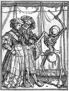 小汉斯-霍尔拜因（1497-1543）的死亡模拟画：丈夫们。死神在一对夫妇面前打鼓。雕刻。