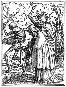 小汉斯-霍尔拜因（1497-1543）的死亡模拟画：老。死亡伴随着一位老太太走向她的命运。雕刻。