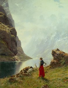 峡湾边与山羊在一起的女孩（布面油画）