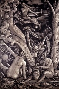 女巫的安息日，由德国画家、雕刻师和漫画家汉斯·巴尔东·格林 (1484-1545) 雕刻。