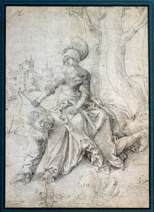 The woman riding the man: Phyllis sitting on the back of Aristotle who walks on all fours. Drawing by Grien Hans Baldung (1484-1545) Ec. All.