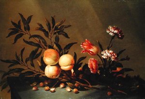 桃子和花的静物，1641年