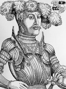 汉斯-布罗萨默（Hans Brosamer，1495-1554 年）雕刻的黑森州大公菲利普一世肖像（1504-1567 年）。
