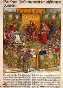 格蒙登议会与重要的外国访客，来自《Der Weisskunig》，约1515年（手绘木刻）。 作者 汉斯·伯格克米尔