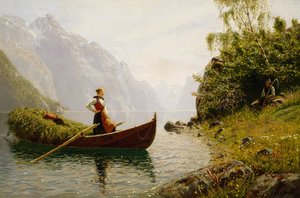 峡湾风景中的男女