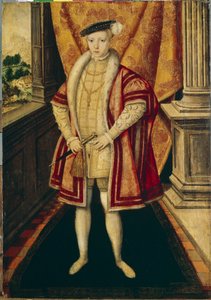 英格兰和爱尔兰国王爱德华六世（1537-1553 年）的肖像。 他是都铎王朝的第三位君主，也是第一位登上王位的新教君主。由汉斯-埃沃斯（Ewouts）（约 1537-1553 年）绘制。