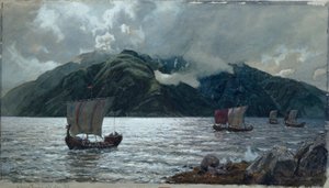 维京船，索恩峡湾（纸上水彩、钢笔、铅笔和水粉画）
