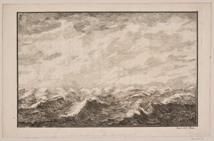 波涛汹涌的大海中的船只。丰特奈 "Söe-Evolution "插图；哥本哈根，1743 年 作者 汉斯·亨利希·克里斯蒂安·乌尔里希