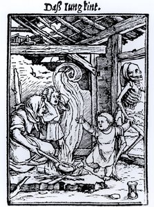 死亡带孩子，来自“死亡之舞”系列，由Hans Lutzelburger，第152-2-8页刻 作者 小汉斯·霍尔拜因