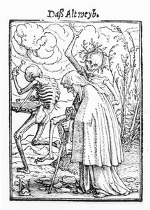 死亡和老妇人，来自&39;死亡的舞蹈&39;，由Hans Lutzelburger雕刻，1538年（木刻）（bw照片） 作者 小汉斯·霍尔拜因