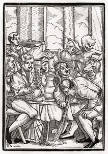 1843年巴塞尔出版的“Der Todten Tanz”中，由Georg Scharffenberg雕刻的醉汉来到死神。 作者 小汉斯·霍尔拜因