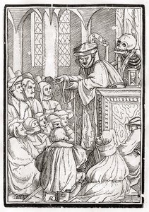 1843年巴塞尔出版的“Der Todten Tanz”中由Georg Scharffenberg雕刻的传教士死亡 作者 小汉斯·霍尔拜因