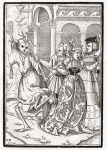 女王死亡，由乔治·沙芬伯格（Georg Scharffenberg）雕刻而成，来自1843年巴塞尔出版的“Der Todten Tanz” 作者 小汉斯·霍尔拜因