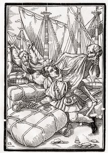 死亡来自商人，由Georg Scharffenberg雕刻，来自&39;Der Todten Tanz&39;，1843年出版巴塞尔 作者 小汉斯·霍尔拜因