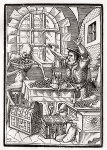 死亡来自Miser或Usurer，由Georg Scharffenberg雕刻，来自&39;Der Todten Tanz&39;，1843年出版巴塞尔 作者 小汉斯·霍尔拜因