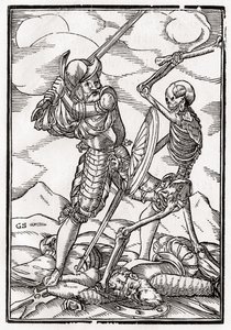 死亡来自于战士，由Georg Scharffenberg雕刻，来自&39;Der Todten Tanz&39;，1843年出版巴塞尔 作者 小汉斯·霍尔拜因