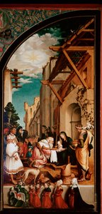 祭坛画奥伯里德：“贤士的崇拜”” 年轻的汉斯·霍尔拜因 (1497/8-1543) 1521-1522 年在木头上的 Detrempe。 231x109 厘米瑞士弗里堡大教堂 作者 小汉斯·霍尔拜因