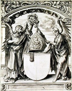 玻璃画的设计，约1520年（纸上用黑色粉笔的钢笔和灰水）。 作者 小汉斯·霍尔拜因
