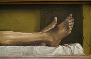 死者的身体基督，脚的细节和工作的签名和日期，1521年在石灰上的蛋彩画 作者 小汉斯·霍尔拜因