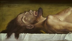 死者的身体基督，头部的细节，1521在石灰上的蛋彩画