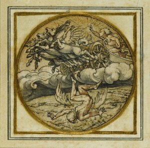 伊卡洛斯的陨落--吊坠或帽徽的设计，约1532-43（纸上笔墨）。 作者 小汉斯·霍尔拜因