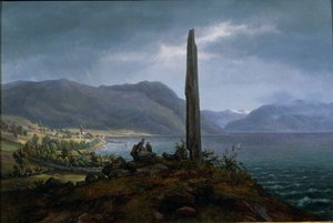 Soon 的 Balestrand 在 Leikanger 建造的弗里乔夫纪念碑（布面油画） 作者 Hans Leganger Reusch